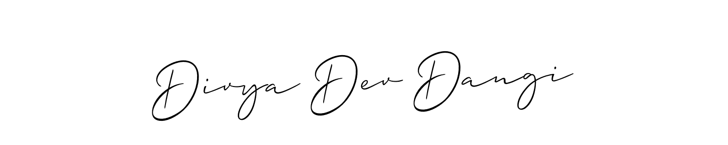 The best way (Allison_Script) to make a short signature is to pick only two or three words in your name. The name Divya Dev Dangi include a total of six letters. For converting this name. Divya Dev Dangi signature style 2 images and pictures png