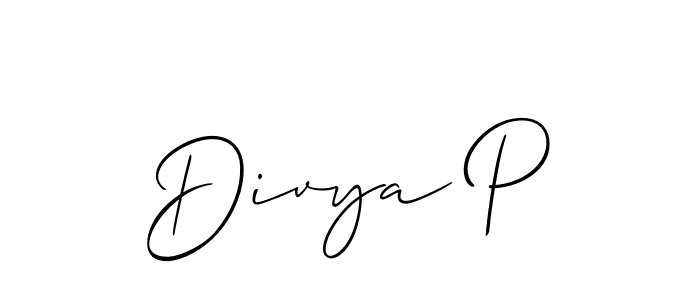 The best way (Allison_Script) to make a short signature is to pick only two or three words in your name. The name Divya P include a total of six letters. For converting this name. Divya P signature style 2 images and pictures png