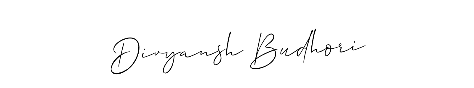 Create a beautiful signature design for name Divyansh Budhori. With this signature (Allison_Script) fonts, you can make a handwritten signature for free. Divyansh Budhori signature style 2 images and pictures png