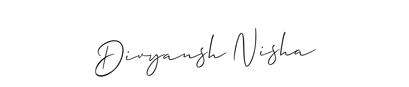 The best way (Allison_Script) to make a short signature is to pick only two or three words in your name. The name Divyansh Nisha include a total of six letters. For converting this name. Divyansh Nisha signature style 2 images and pictures png