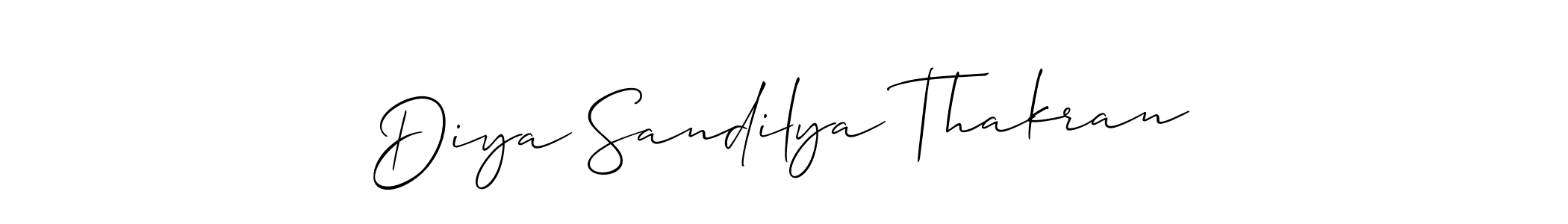 The best way (Allison_Script) to make a short signature is to pick only two or three words in your name. The name Diya Sandilya Thakran include a total of six letters. For converting this name. Diya Sandilya Thakran signature style 2 images and pictures png