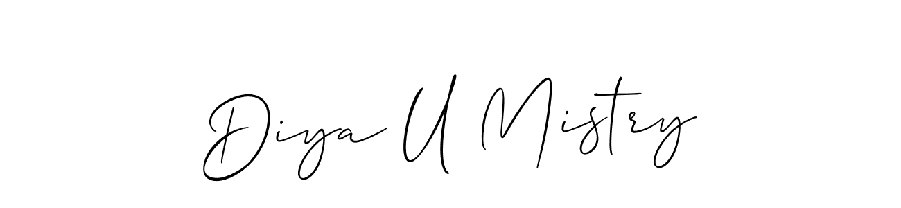 Allison_Script is a professional signature style that is perfect for those who want to add a touch of class to their signature. It is also a great choice for those who want to make their signature more unique. Get Diya U Mistry name to fancy signature for free. Diya U Mistry signature style 2 images and pictures png