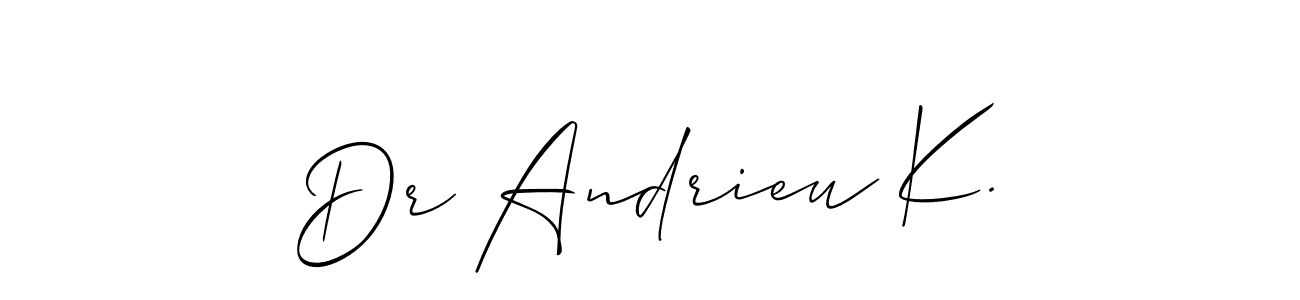 The best way (Allison_Script) to make a short signature is to pick only two or three words in your name. The name Dr Andrieu K. include a total of six letters. For converting this name. Dr Andrieu K. signature style 2 images and pictures png