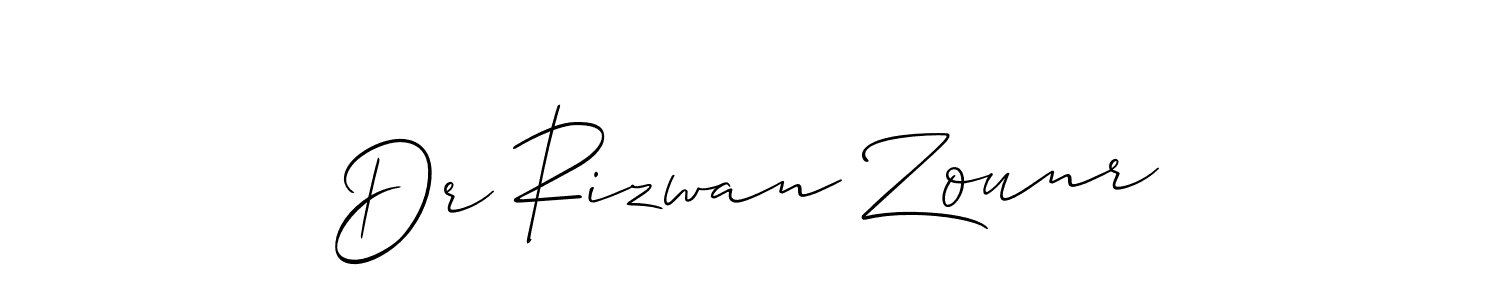 The best way (Allison_Script) to make a short signature is to pick only two or three words in your name. The name Dr Rizwan Zounr include a total of six letters. For converting this name. Dr Rizwan Zounr signature style 2 images and pictures png