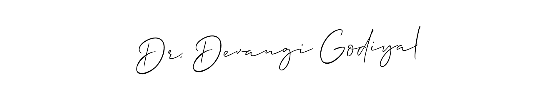 Allison_Script is a professional signature style that is perfect for those who want to add a touch of class to their signature. It is also a great choice for those who want to make their signature more unique. Get Dr. Devangi Godiyal name to fancy signature for free. Dr. Devangi Godiyal signature style 2 images and pictures png