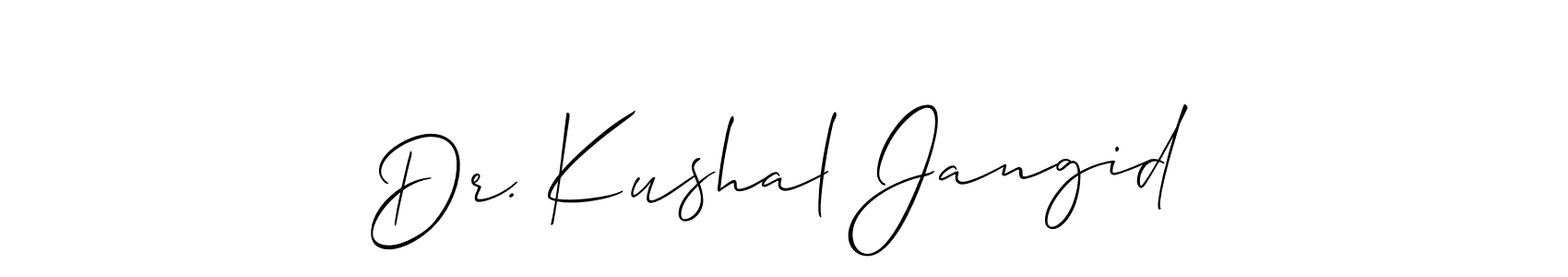 The best way (Allison_Script) to make a short signature is to pick only two or three words in your name. The name Dr. Kushal Jangid include a total of six letters. For converting this name. Dr. Kushal Jangid signature style 2 images and pictures png