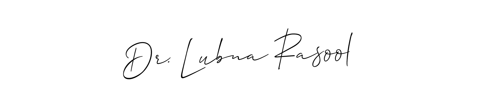 The best way (Allison_Script) to make a short signature is to pick only two or three words in your name. The name Dr. Lubna Rasool include a total of six letters. For converting this name. Dr. Lubna Rasool signature style 2 images and pictures png