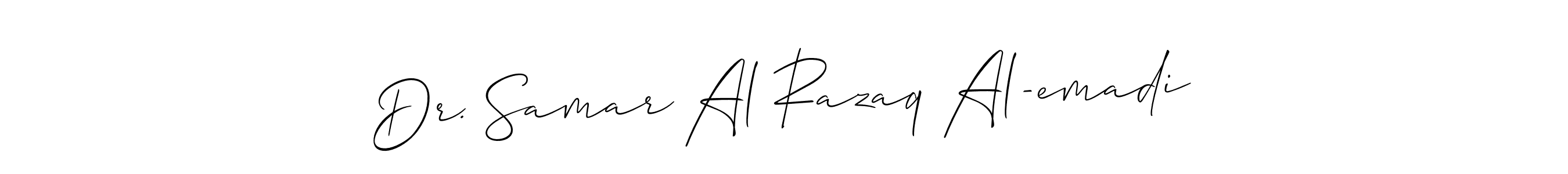 The best way (Allison_Script) to make a short signature is to pick only two or three words in your name. The name Dr. Samar Al Razaq Al-emadi include a total of six letters. For converting this name. Dr. Samar Al Razaq Al-emadi signature style 2 images and pictures png