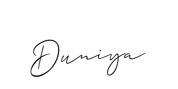 Design your own signature with our free online signature maker. With this signature software, you can create a handwritten (Allison_Script) signature for name Duniya. Duniya signature style 2 images and pictures png