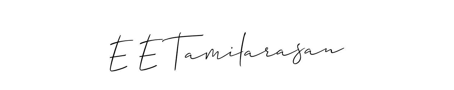 The best way (Allison_Script) to make a short signature is to pick only two or three words in your name. The name E E Tamilarasan include a total of six letters. For converting this name. E E Tamilarasan signature style 2 images and pictures png