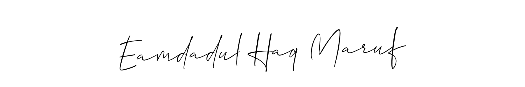 The best way (Allison_Script) to make a short signature is to pick only two or three words in your name. The name Eamdadul Haq Maruf include a total of six letters. For converting this name. Eamdadul Haq Maruf signature style 2 images and pictures png