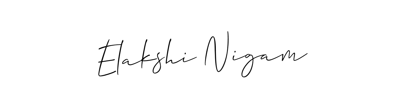 The best way (Allison_Script) to make a short signature is to pick only two or three words in your name. The name Elakshi Nigam include a total of six letters. For converting this name. Elakshi Nigam signature style 2 images and pictures png