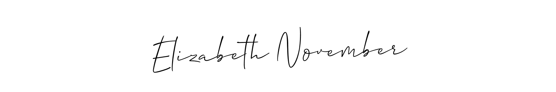 The best way (Allison_Script) to make a short signature is to pick only two or three words in your name. The name Elizabeth November include a total of six letters. For converting this name. Elizabeth November signature style 2 images and pictures png