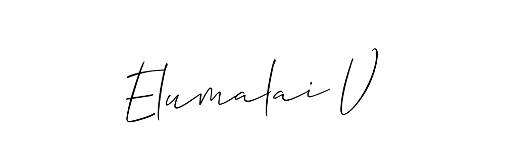 Also You can easily find your signature by using the search form. We will create Elumalai V name handwritten signature images for you free of cost using Allison_Script sign style. Elumalai V signature style 2 images and pictures png