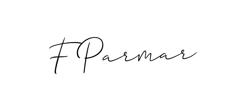 The best way (Allison_Script) to make a short signature is to pick only two or three words in your name. The name F Parmar include a total of six letters. For converting this name. F Parmar signature style 2 images and pictures png