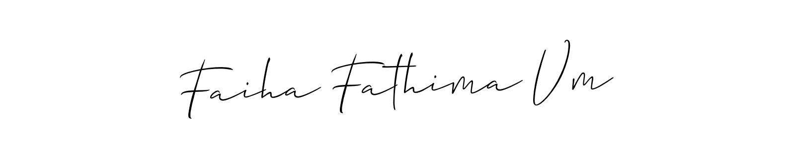 The best way (Allison_Script) to make a short signature is to pick only two or three words in your name. The name Faiha Fathima Vm include a total of six letters. For converting this name. Faiha Fathima Vm signature style 2 images and pictures png