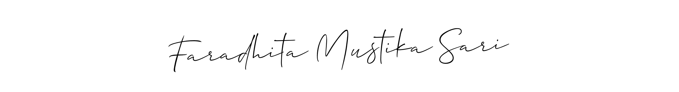 The best way (Allison_Script) to make a short signature is to pick only two or three words in your name. The name Faradhita Mustika Sari include a total of six letters. For converting this name. Faradhita Mustika Sari signature style 2 images and pictures png