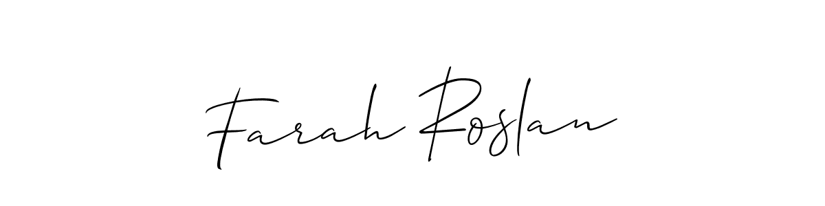 The best way (Allison_Script) to make a short signature is to pick only two or three words in your name. The name Farah Roslan include a total of six letters. For converting this name. Farah Roslan signature style 2 images and pictures png
