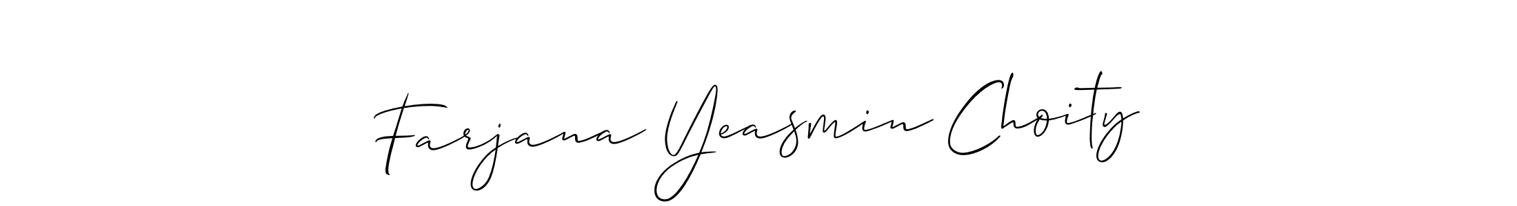 The best way (Allison_Script) to make a short signature is to pick only two or three words in your name. The name Farjana Yeasmin Choity include a total of six letters. For converting this name. Farjana Yeasmin Choity signature style 2 images and pictures png