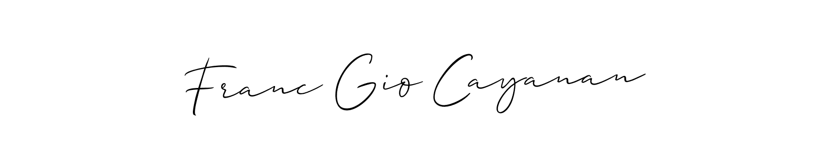 Also You can easily find your signature by using the search form. We will create Franc Gio Cayanan name handwritten signature images for you free of cost using Allison_Script sign style. Franc Gio Cayanan signature style 2 images and pictures png