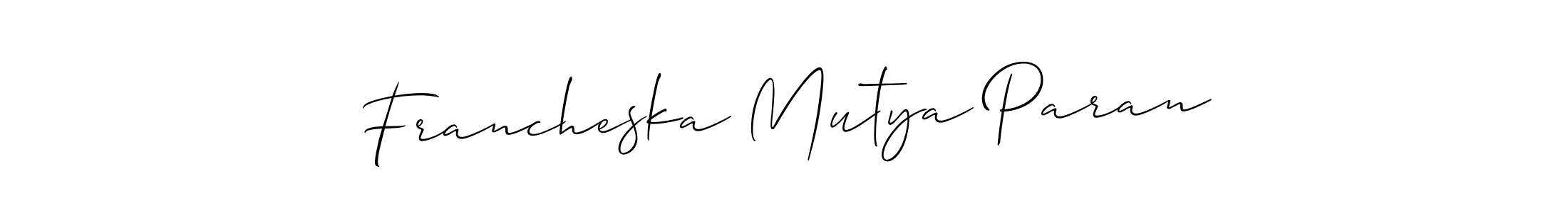 The best way (Allison_Script) to make a short signature is to pick only two or three words in your name. The name Francheska Mutya Paran include a total of six letters. For converting this name. Francheska Mutya Paran signature style 2 images and pictures png