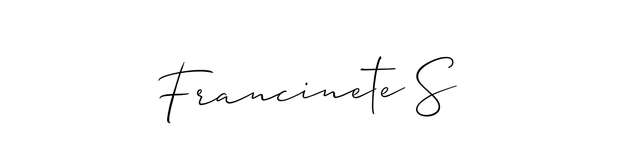 Similarly Allison_Script is the best handwritten signature design. Signature creator online .You can use it as an online autograph creator for name Francinete S. Francinete S signature style 2 images and pictures png