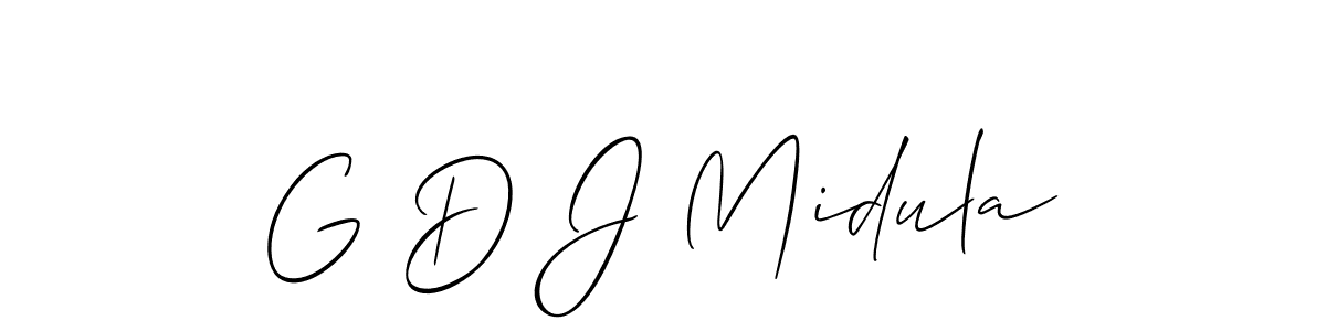 The best way (Allison_Script) to make a short signature is to pick only two or three words in your name. The name G D J Midula include a total of six letters. For converting this name. G D J Midula signature style 2 images and pictures png