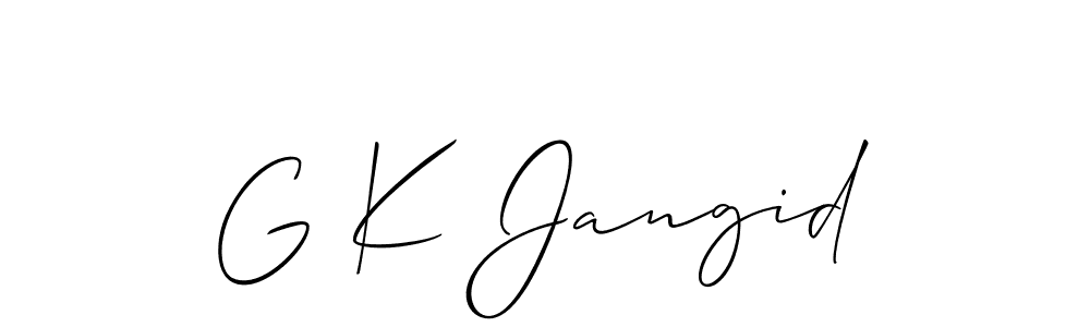 if you are searching for the best signature style for your name G K Jangid. so please give up your signature search. here we have designed multiple signature styles  using Allison_Script. G K Jangid signature style 2 images and pictures png