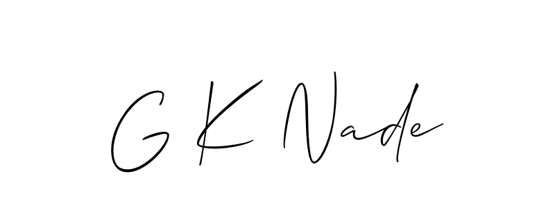 The best way (Allison_Script) to make a short signature is to pick only two or three words in your name. The name G K Nade include a total of six letters. For converting this name. G K Nade signature style 2 images and pictures png