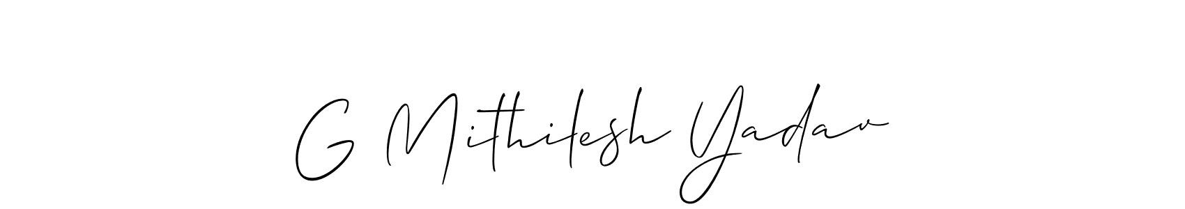 The best way (Allison_Script) to make a short signature is to pick only two or three words in your name. The name G Mithilesh Yadav include a total of six letters. For converting this name. G Mithilesh Yadav signature style 2 images and pictures png