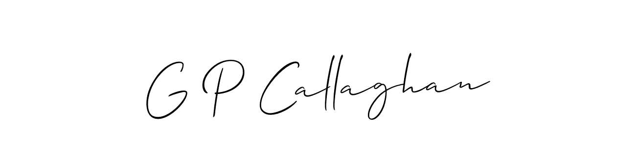The best way (Allison_Script) to make a short signature is to pick only two or three words in your name. The name G P Callaghan include a total of six letters. For converting this name. G P Callaghan signature style 2 images and pictures png