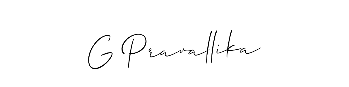 The best way (Allison_Script) to make a short signature is to pick only two or three words in your name. The name G Pravallika include a total of six letters. For converting this name. G Pravallika signature style 2 images and pictures png