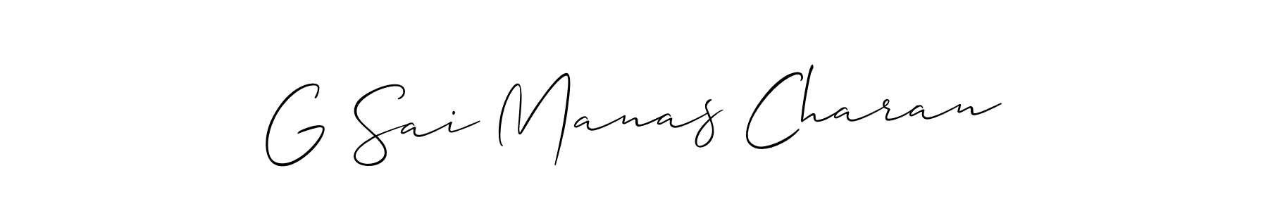 The best way (Allison_Script) to make a short signature is to pick only two or three words in your name. The name G Sai Manas Charan include a total of six letters. For converting this name. G Sai Manas Charan signature style 2 images and pictures png