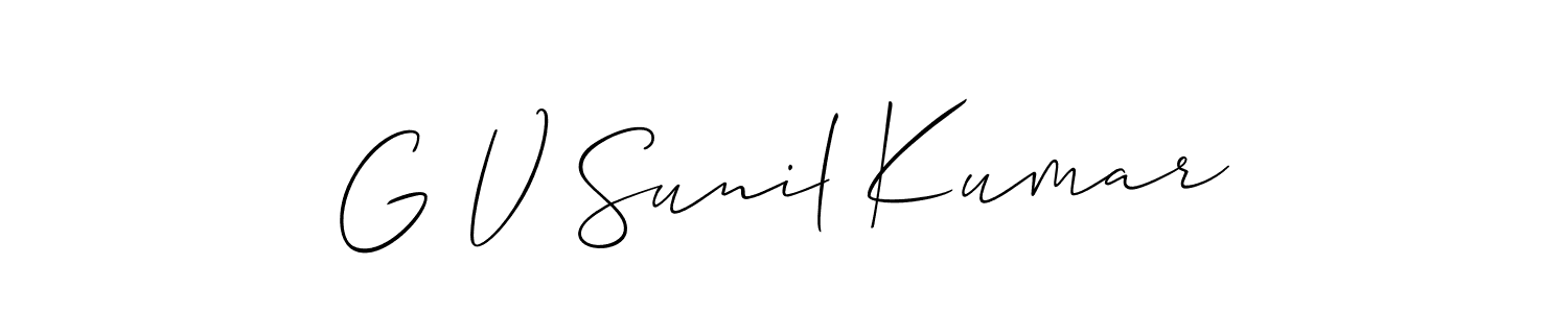 The best way (Allison_Script) to make a short signature is to pick only two or three words in your name. The name G V Sunil Kumar include a total of six letters. For converting this name. G V Sunil Kumar signature style 2 images and pictures png