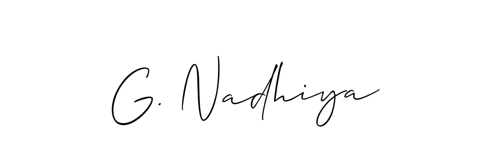 Make a short G. Nadhiya signature style. Manage your documents anywhere anytime using Allison_Script. Create and add eSignatures, submit forms, share and send files easily. G. Nadhiya signature style 2 images and pictures png