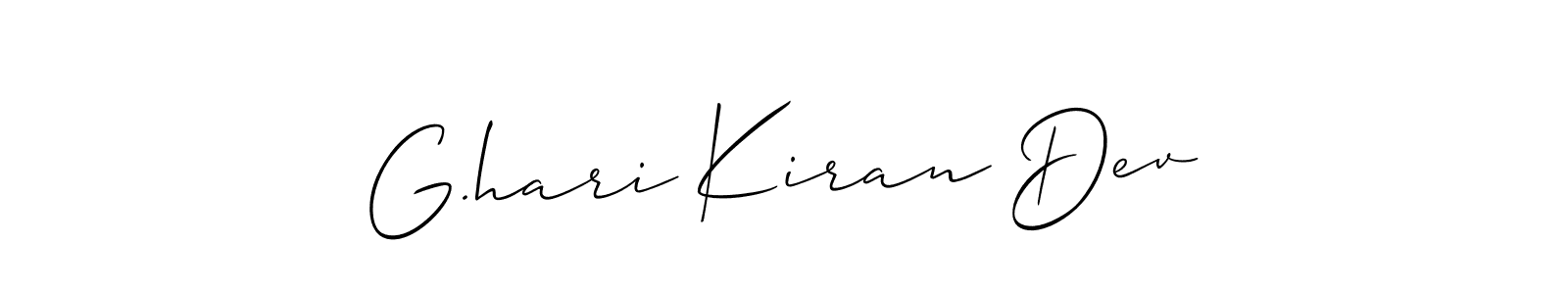 The best way (Allison_Script) to make a short signature is to pick only two or three words in your name. The name G.hari Kiran Dev include a total of six letters. For converting this name. G.hari Kiran Dev signature style 2 images and pictures png