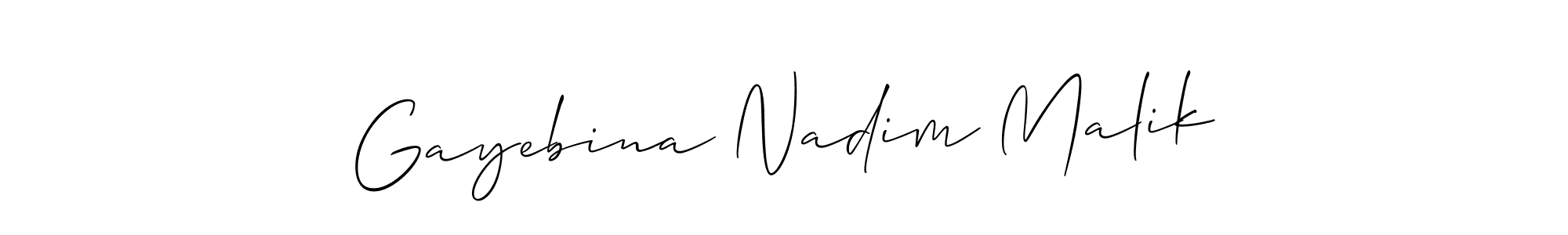 This is the best signature style for the Gayebina Nadim Malik name. Also you like these signature font (Allison_Script). Mix name signature. Gayebina Nadim Malik signature style 2 images and pictures png