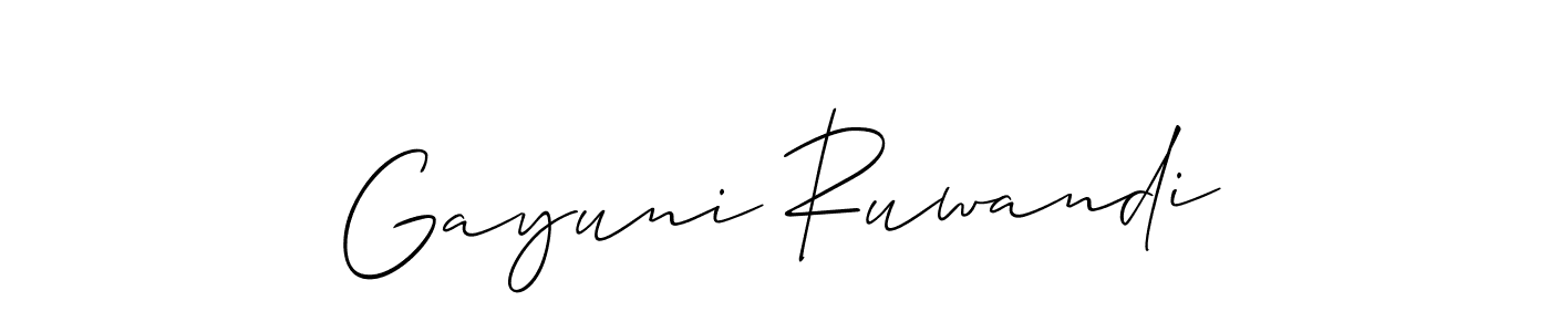 Allison_Script is a professional signature style that is perfect for those who want to add a touch of class to their signature. It is also a great choice for those who want to make their signature more unique. Get Gayuni Ruwandi name to fancy signature for free. Gayuni Ruwandi signature style 2 images and pictures png
