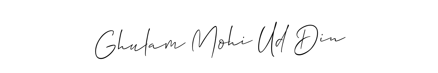 You should practise on your own different ways (Allison_Script) to write your name (Ghulam Mohi Ud Din) in signature. don't let someone else do it for you. Ghulam Mohi Ud Din signature style 2 images and pictures png