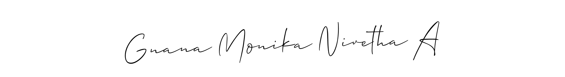 Similarly Allison_Script is the best handwritten signature design. Signature creator online .You can use it as an online autograph creator for name Gnana Monika Nivetha A. Gnana Monika Nivetha A signature style 2 images and pictures png