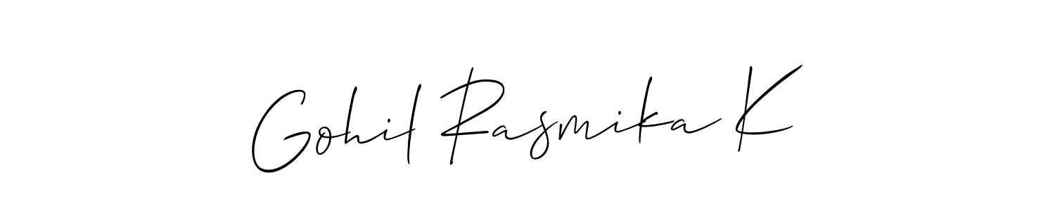 Make a short Gohil Rasmika K signature style. Manage your documents anywhere anytime using Allison_Script. Create and add eSignatures, submit forms, share and send files easily. Gohil Rasmika K signature style 2 images and pictures png