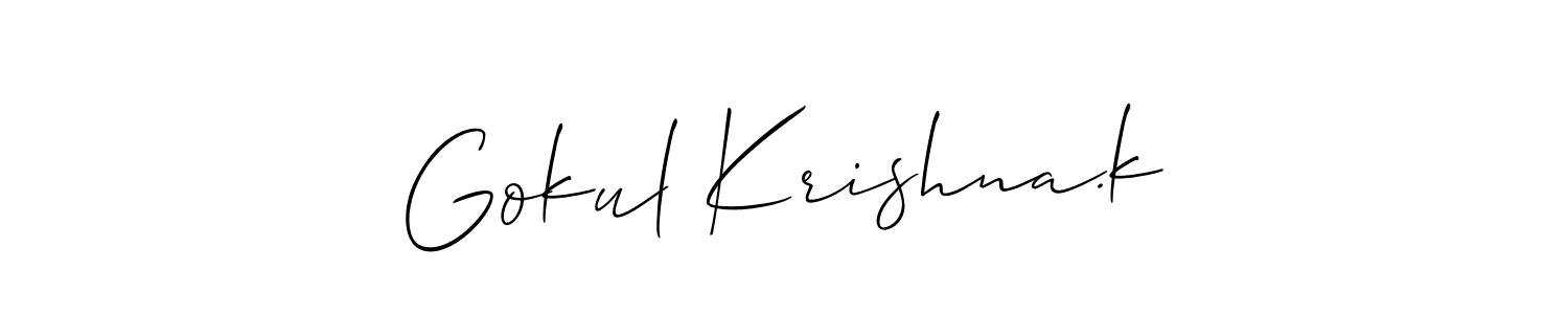 The best way (Allison_Script) to make a short signature is to pick only two or three words in your name. The name Gokul Krishna.k include a total of six letters. For converting this name. Gokul Krishna.k signature style 2 images and pictures png