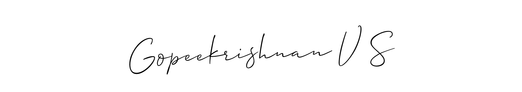 The best way (Allison_Script) to make a short signature is to pick only two or three words in your name. The name Gopeekrishnan V S include a total of six letters. For converting this name. Gopeekrishnan V S signature style 2 images and pictures png