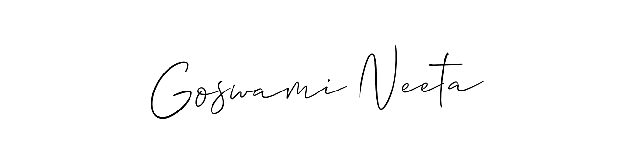 The best way (Allison_Script) to make a short signature is to pick only two or three words in your name. The name Goswami Neeta include a total of six letters. For converting this name. Goswami Neeta signature style 2 images and pictures png