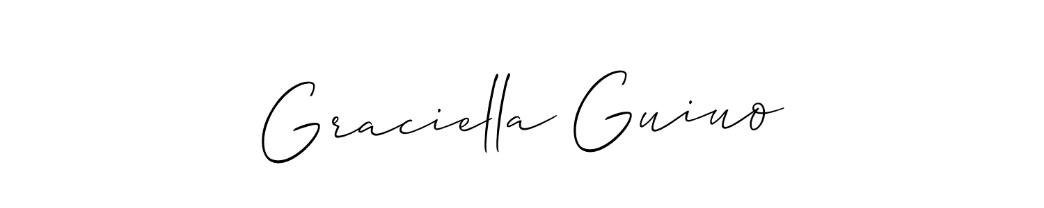 The best way (Allison_Script) to make a short signature is to pick only two or three words in your name. The name Graciella Guiuo include a total of six letters. For converting this name. Graciella Guiuo signature style 2 images and pictures png