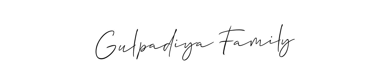 The best way (Allison_Script) to make a short signature is to pick only two or three words in your name. The name Gulpadiya Family include a total of six letters. For converting this name. Gulpadiya Family signature style 2 images and pictures png