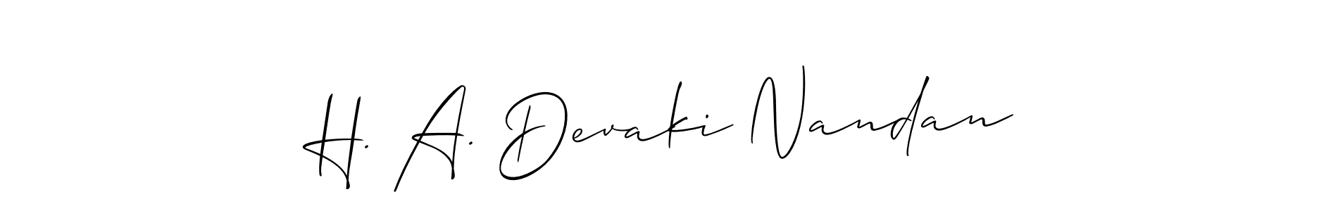 Use a signature maker to create a handwritten signature online. With this signature software, you can design (Allison_Script) your own signature for name H. A. Devaki Nandan. H. A. Devaki Nandan signature style 2 images and pictures png