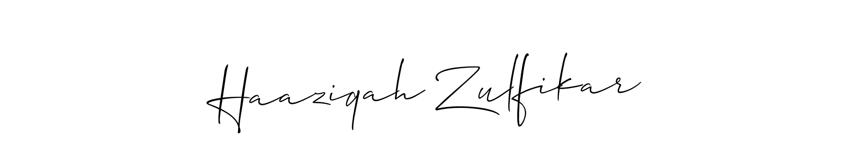 Create a beautiful signature design for name Haaziqah Zulfikar. With this signature (Allison_Script) fonts, you can make a handwritten signature for free. Haaziqah Zulfikar signature style 2 images and pictures png