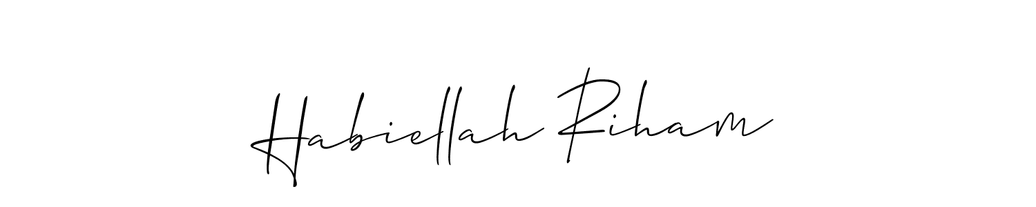 if you are searching for the best signature style for your name Habiellah Riham. so please give up your signature search. here we have designed multiple signature styles  using Allison_Script. Habiellah Riham signature style 2 images and pictures png