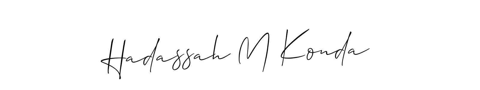 You should practise on your own different ways (Allison_Script) to write your name (Hadassah M Konda) in signature. don't let someone else do it for you. Hadassah M Konda signature style 2 images and pictures png